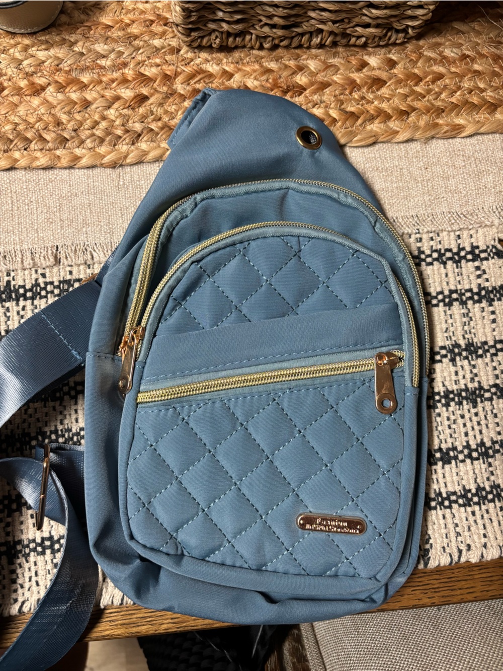 Quilted Crossbody Sling Bag in Dusty Blue with Gold Hardware